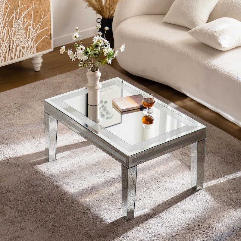 Silver Coffee Table with Crushed Crystal Border - Glam Modern Living Room Piece - Silver