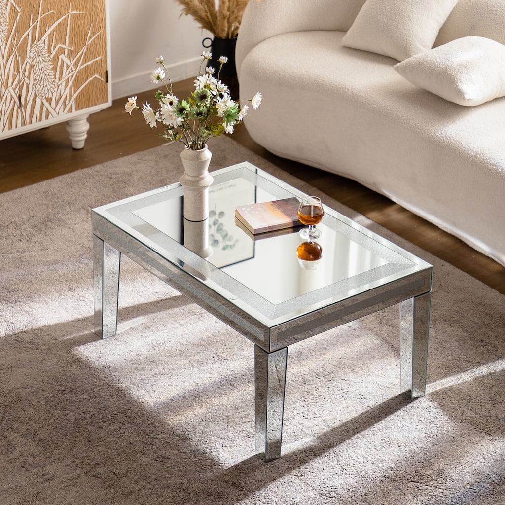 Silver Mirrored Coffee Table with Crushed Crystal Border, Clear Glass Rectangle Center Table for Living Room Luxury Accent Table