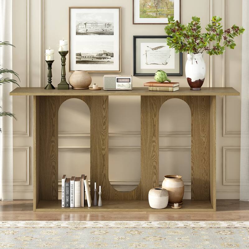 Modern Curved Design Ash Veneer Console Table with Lower Shelf, for Entryway Hallway Living Room, Foyer, Corridor