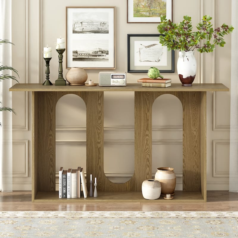 Roomfitters Modern Console Table with Arch Cutout Design, Ash Veneer Entryway Accent Table with Shelf - Natural