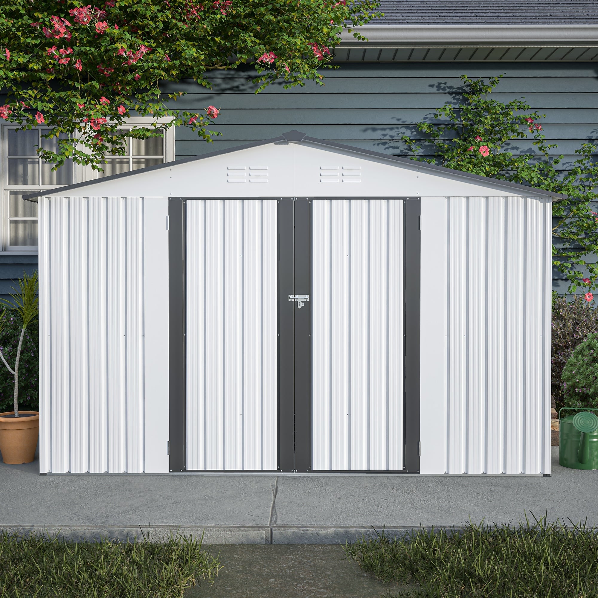 Outdoor 10 x 8 ft White Grey Metal Outdoor Storage Shed with Lockable Doors and Vents