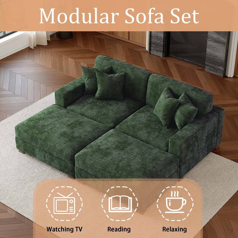Oversized Chenille Modular Sectional Sofa Conversation Set with 2 Ottomans
