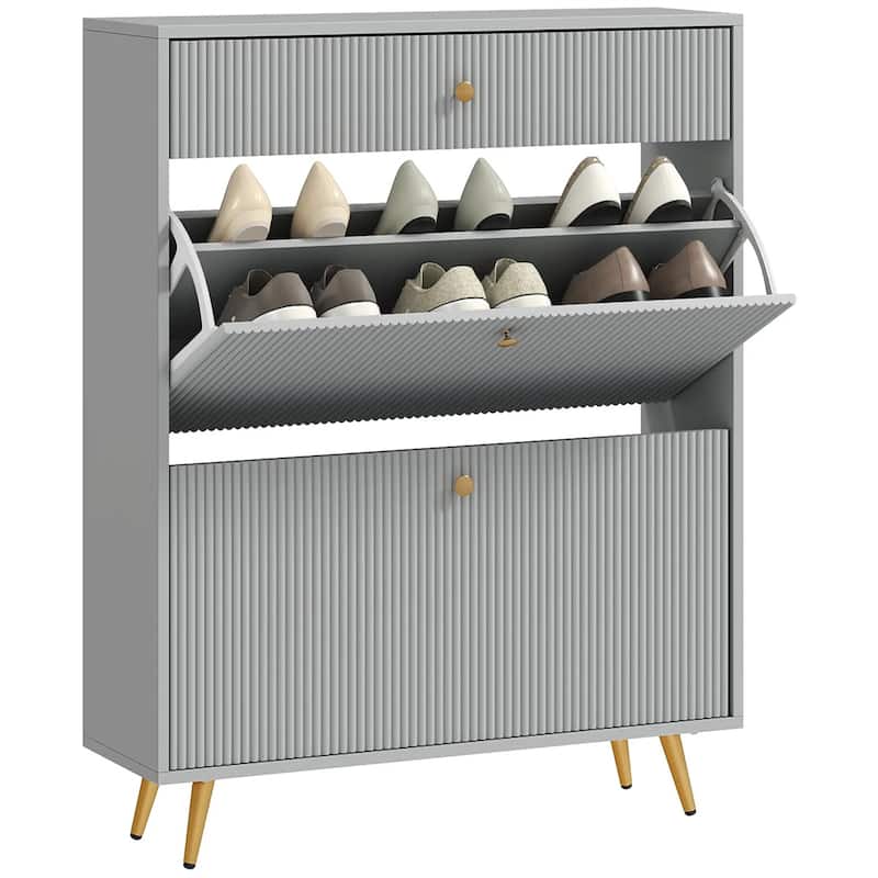 Modern Shoe Cabinet with Flip Storage Drawers and Gold Handles Adjustable Shelves for 12 Pairs - 31.5" W x 9.4" D x 40" H
