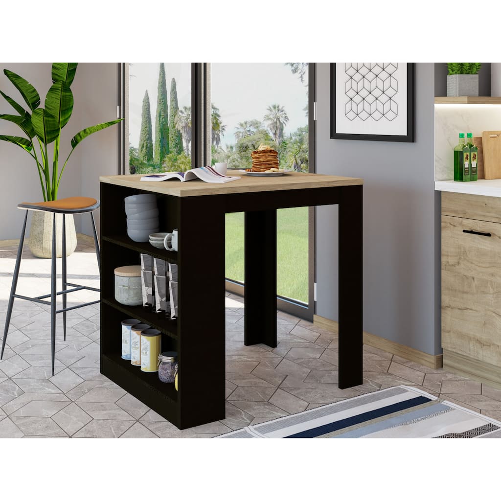 Kitchen Island Table, Two Legs, Three Side Shelves, Black / Pine