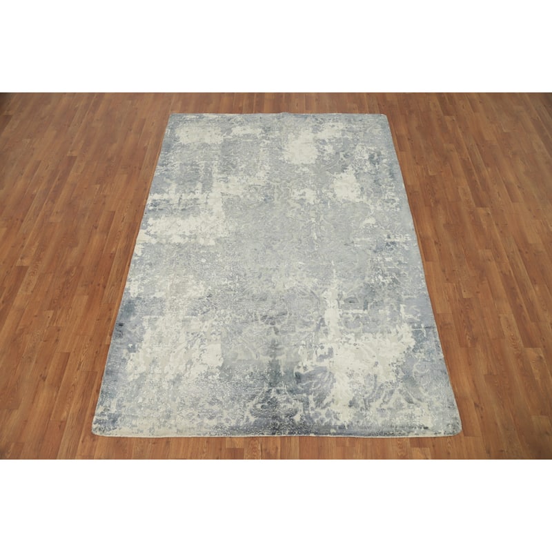 Hand Knotted Oriental Viscose Silk Carpet Modern Abstract Greys & Charcoal Abstract Area Rug - 8' 1'' X 5' 7''