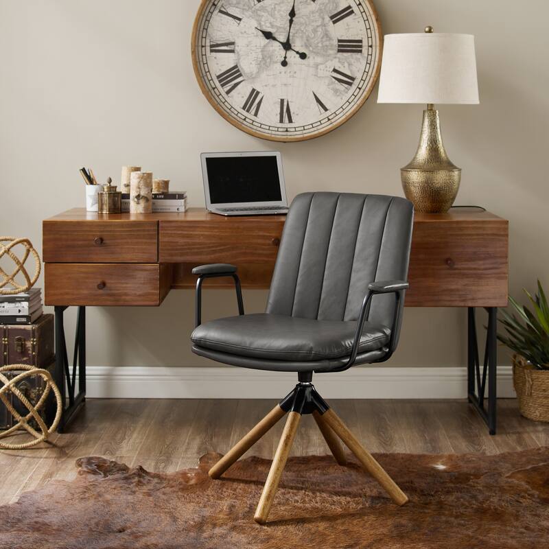 Art Leon Faux Leather Swivel Accent Arm Chair - Grey -Wood Legs