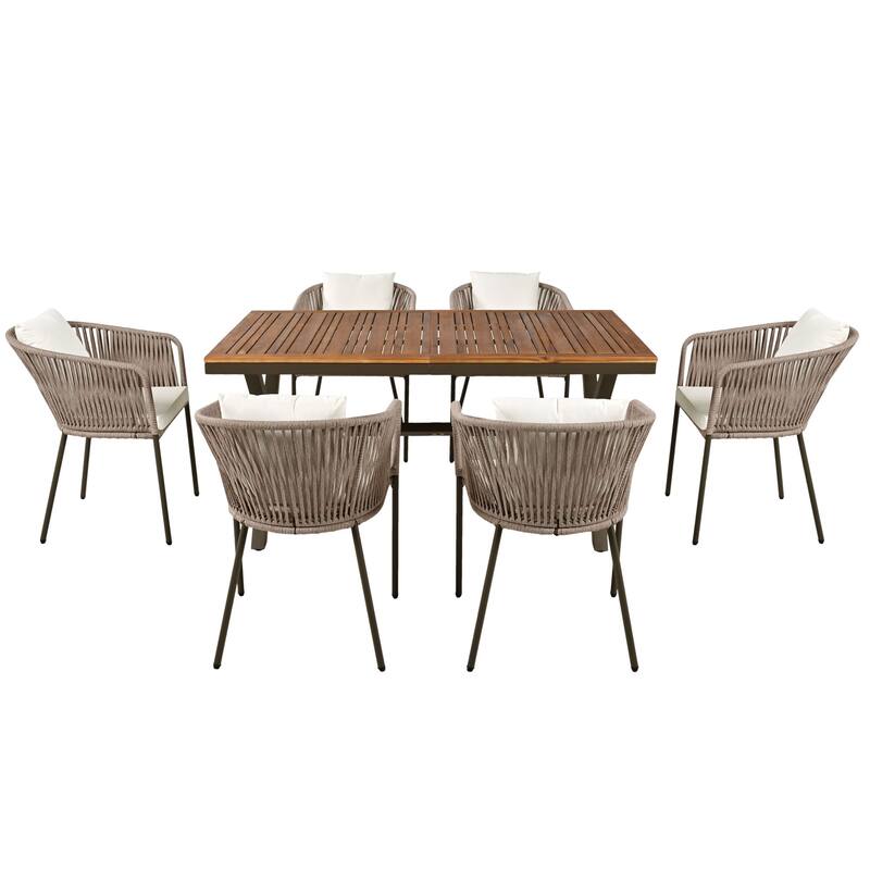 7 Pieces Patio Dining Set, Outdoor Furniture Set with Dining Table and 6 Chairs, Acacia Wood Table Top, Metal Frame Beige