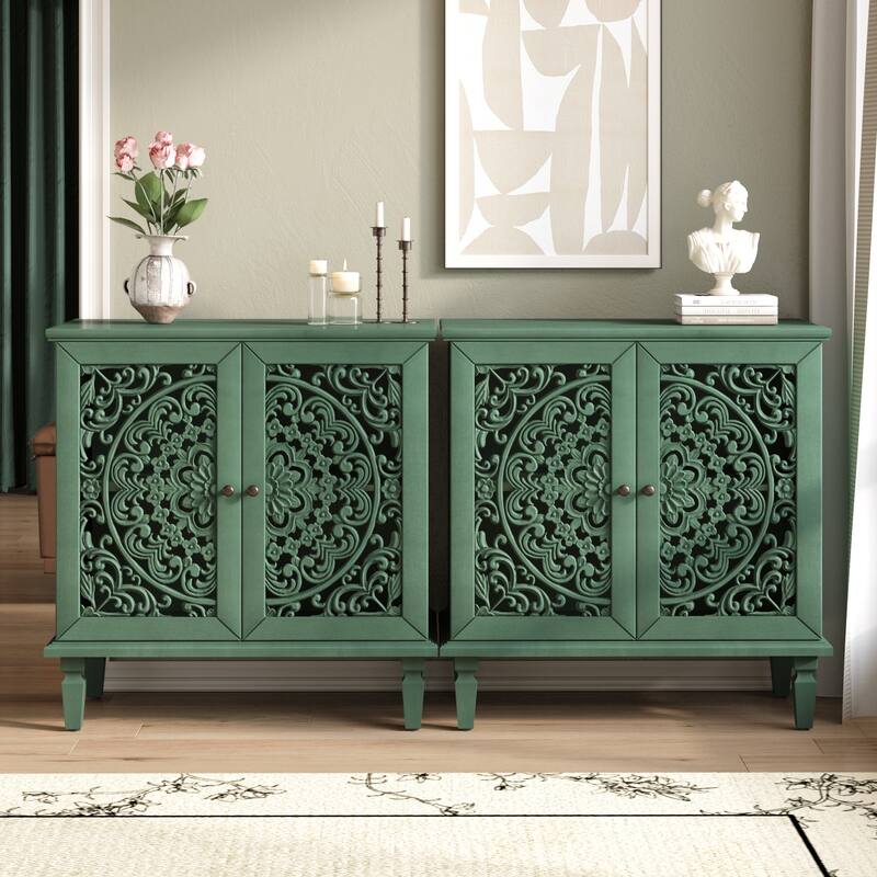 GDF Studio - Vintage Hollow-Carved Accent Cabinet, 2-Door Display Sideboard with Adjustable Shelf