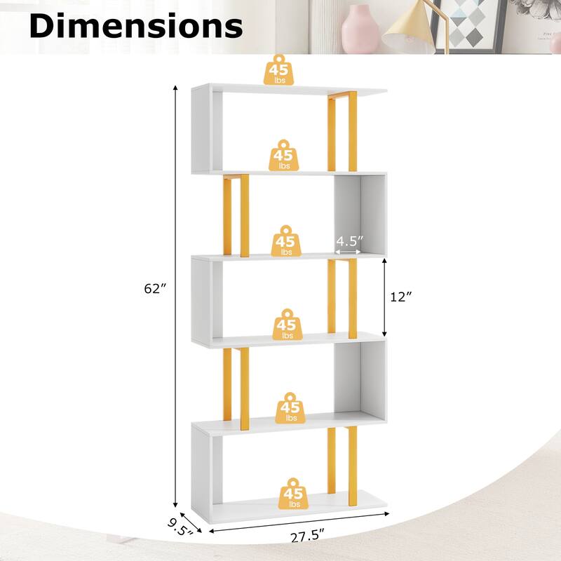 Gymax 2 PCS 5-Tier Geometric Bookcase 62-Inch S-Shaped Bookshelf w/