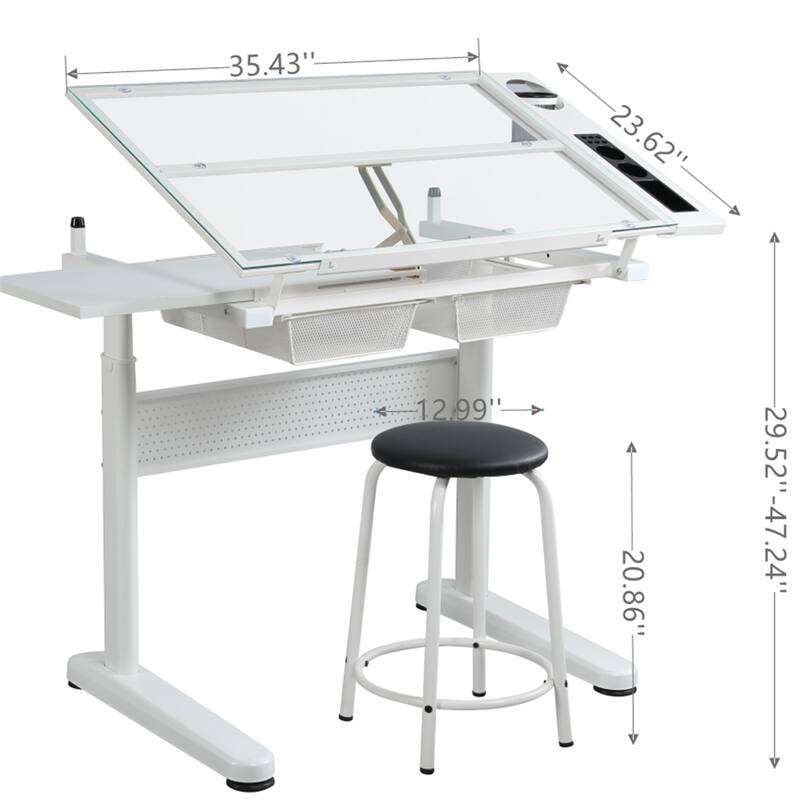 Adjustable Drawing Desk with 2 Metal Drawers and Stool