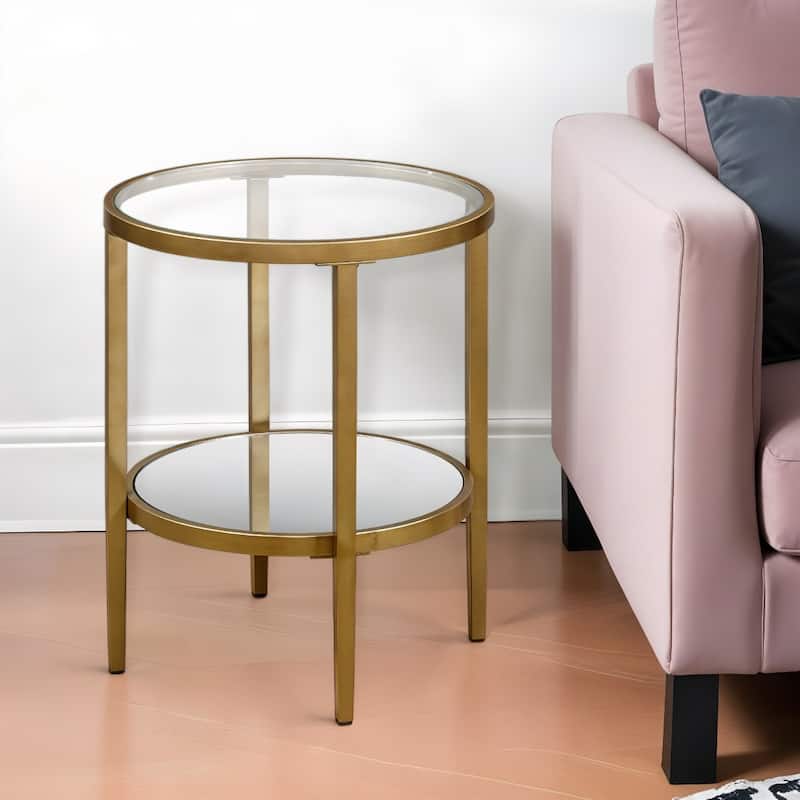 24" Antiqued Brass And Clear Glass And Steel Round Mirrored End Table With Shelf - 20" x 20" x 24"
