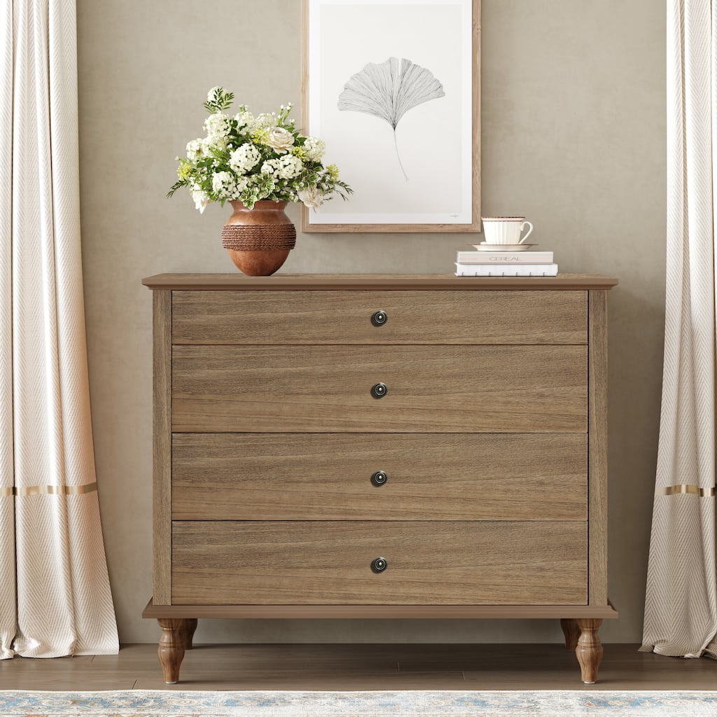 Large 4-Drawer Chest with Solid Wood Foot, Dresser with Metal Drawer Knobs