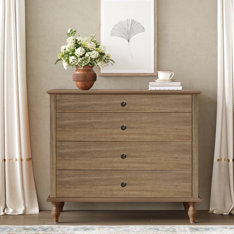 Rustic Wooden 4-Drawer Storage Chest with Metal Knobs and Solid Wood Feet by GDFStudio - Natural + Light Brown
