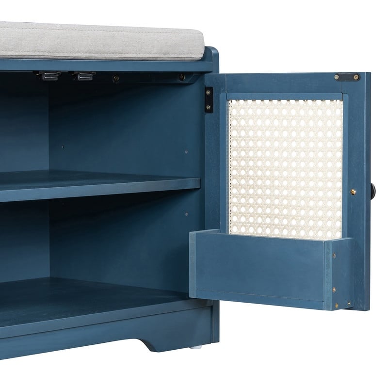 Rustic 47.4" Storage Bench Multifunctional Wooden Entryway Organizer with Removable Cushion and Rattan Doors