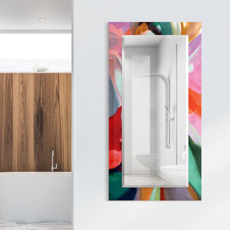 Abstract Rectangular Beveled Wall Mirror, Leaner,Large Mirror, Bathroom Mirror,Cheval Mirror,Ready to Hang - 54" x 28" Pink/Green/Red