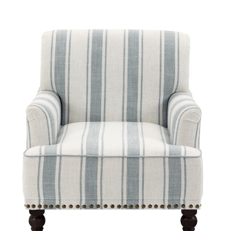 Set of 2 Stripe Linen Accent Arm Chairs with Nailhead Trim and Wood Legs