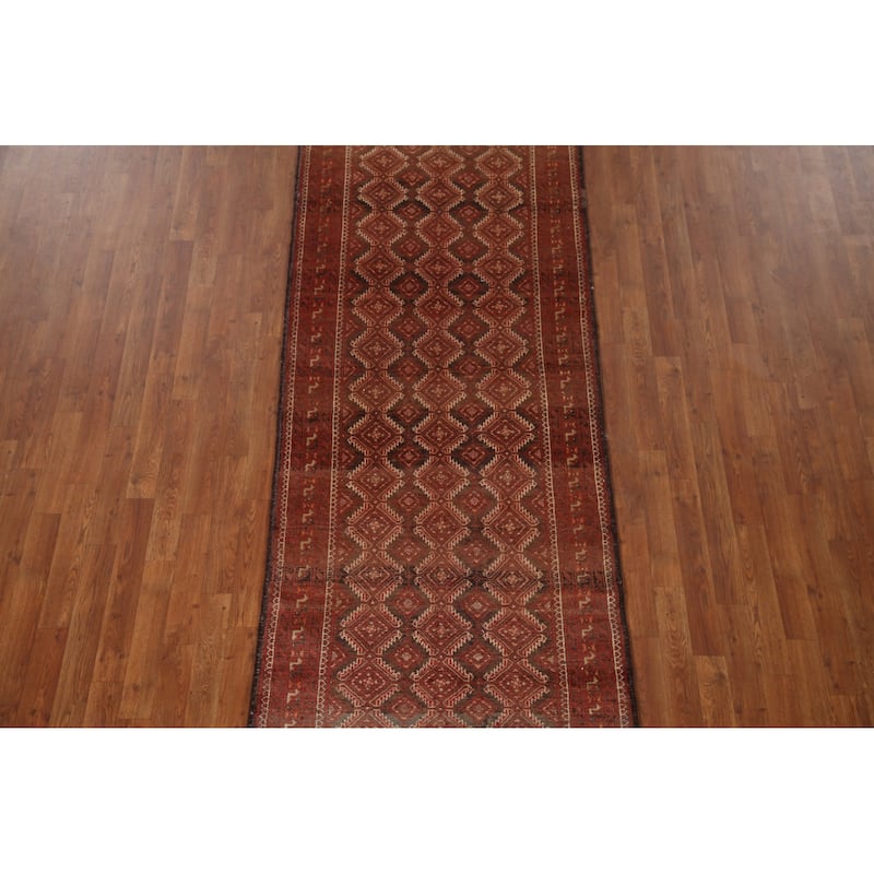 Geometric Balouch Persian Vintage Runner Rug Handmade Wool Carpet - 3'3"x 9'5"
