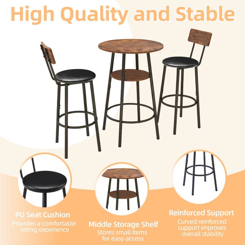 3 Pieces Round Bar Table and Chairs Set, Small Dining Table for 2 with 2-Tier Storage & 2 PU Upholstered Bar Stools