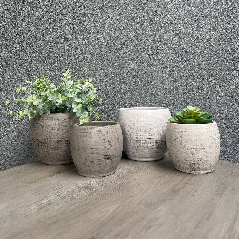 5.9" & 4.7" Dia. Indoor Ceramic Plant Pot Set - Wood Optics Brown & Wood Optics Gray - 4 Piece Set - 4 Piece Set