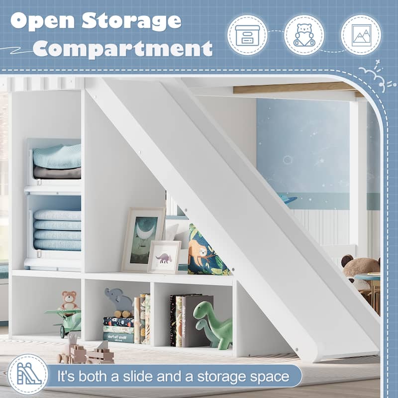 Full/Queen Loft Bed with Storage Shelves, Cabinet & Detachable Slide, Solid Wood Loft Bed with Ladders, No Box Spring