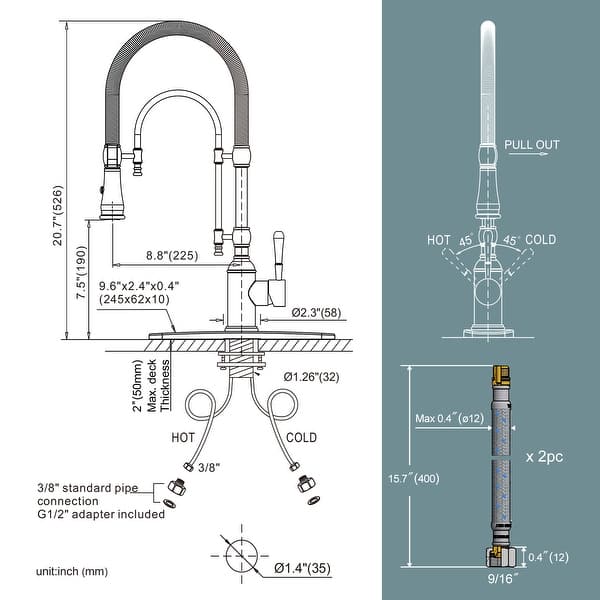 dimension image slide 7 of 12, WOWOW Single Handle Gooseneck Pull Down Sprayer Kitchen Faucet
