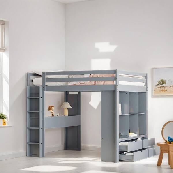 slide 2 of 9, Full Size Loft Bed with Large Storage Shelves, Wooden Bed with Writing Desk and Led Light, Kid's Bed with Drawers, Gray Grey