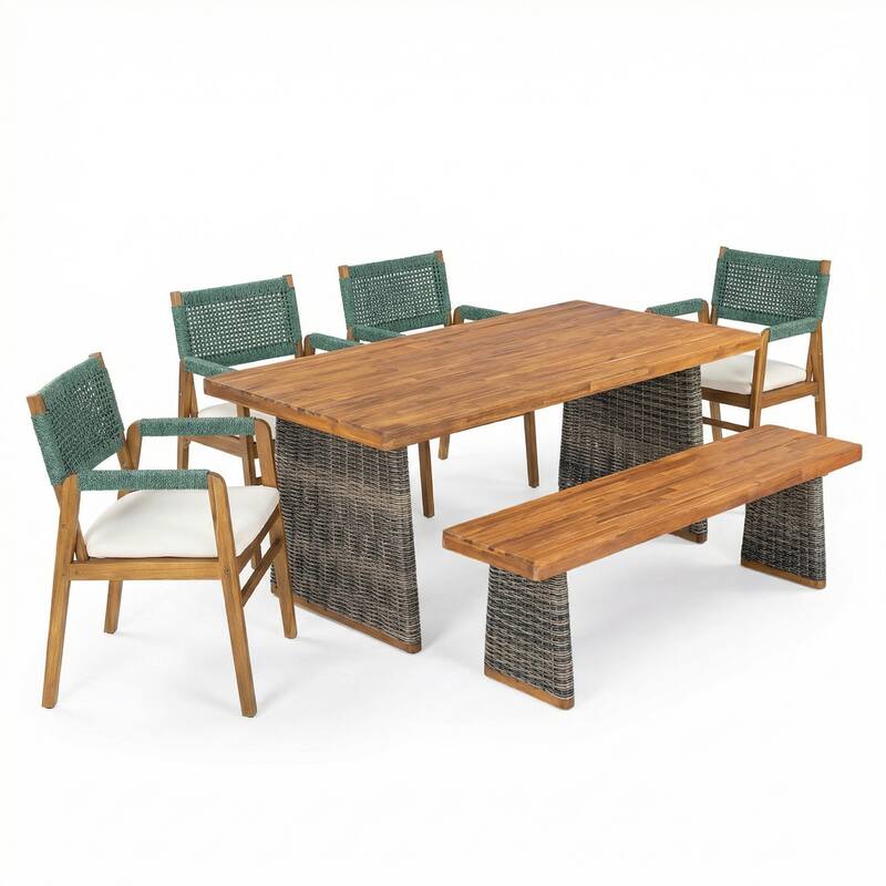 Christopher Knight Home - Capri 6-Piece Outdoor Dining Set in Acacia Wood with Beige Cushions and Green Rope Wicker Chairs
