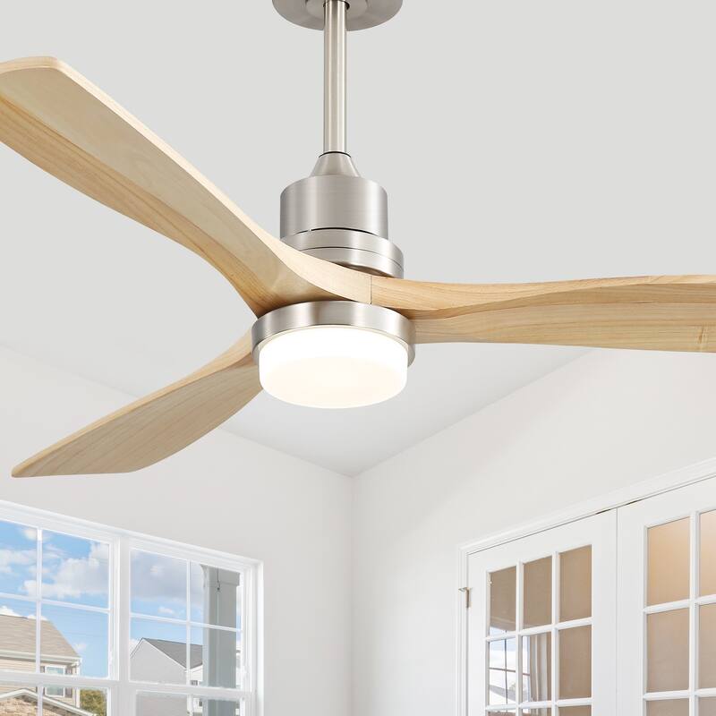 52" Solid Wood Noiseless 3-Blade Ceiling Fans with Dimmable LED Light Optional and Remote, 6-Speed Reversible DC Motor - Silver and Natural wood/With light