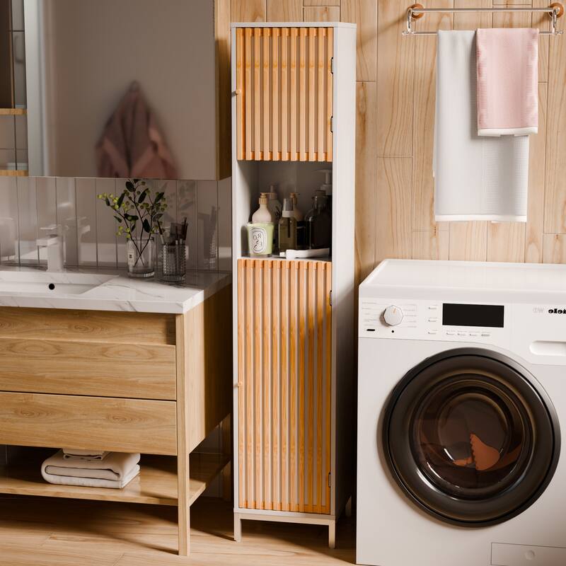 Bathroom Tall Storage Cabinet with Bamboo Slats Door - Natural/White - White+Natural