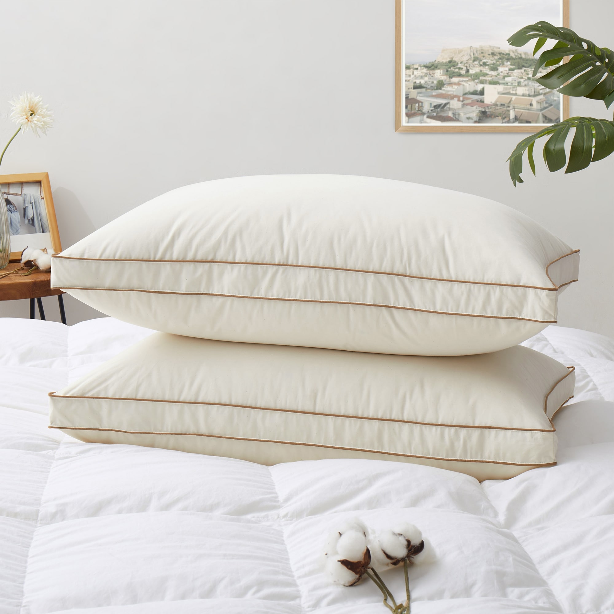 Set of 2 100% Organic Cotton Down Feather Pillow-in-a-pillow Design Bed Pillow