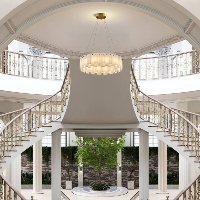Modern Layered Alabaster Slice Chandelier, Round or Linear Pendant Light, D600-L1200 - Gold