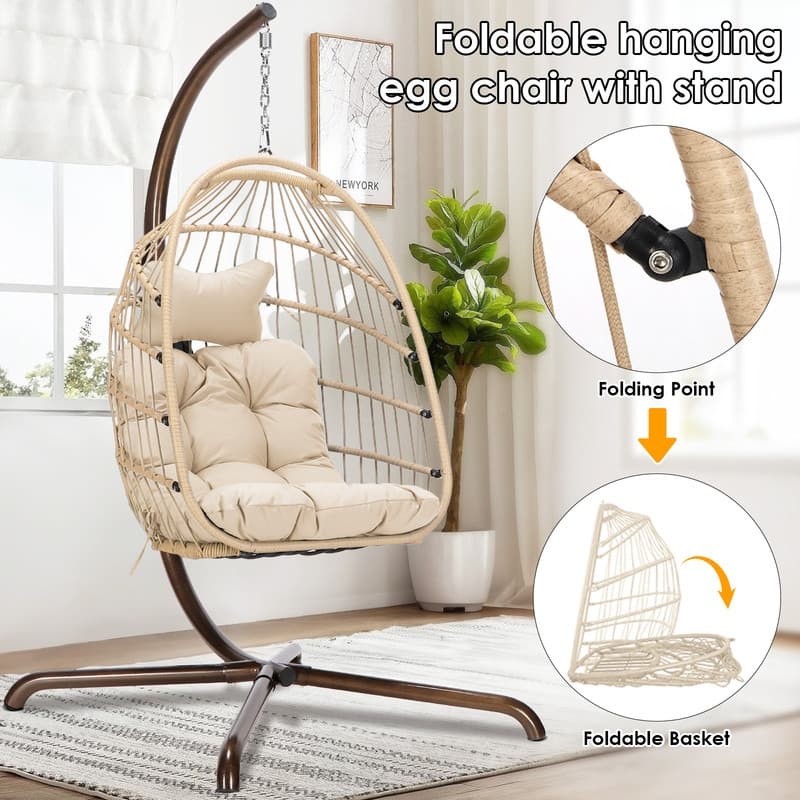 Oversized Hanging Egg Chair with Stand, Indoor Outdoor Swing Chair, 350 lbs Capacity Cozy Rattan Lounge