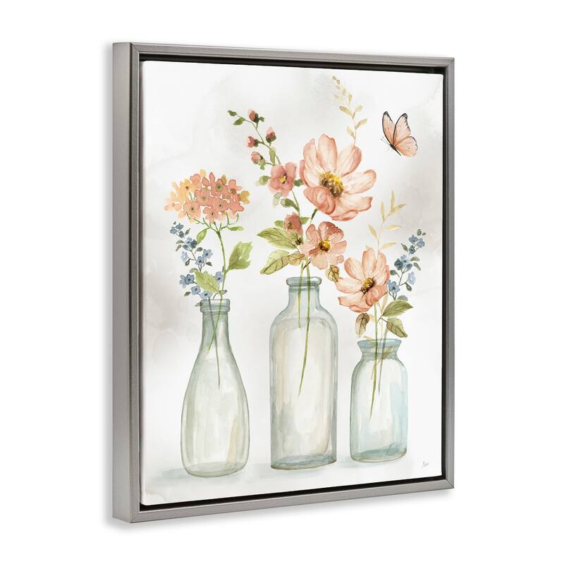 Stupell Butterfly & Pink Florals Framed Floater Canvas Wall Art Design by Nan
