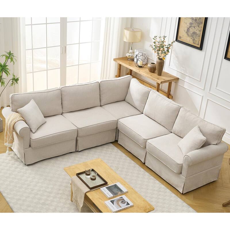 Modular Sectional Sofa Set, 5 Seat, Beige, Wood + Fabric, 94x94x36.5 inches