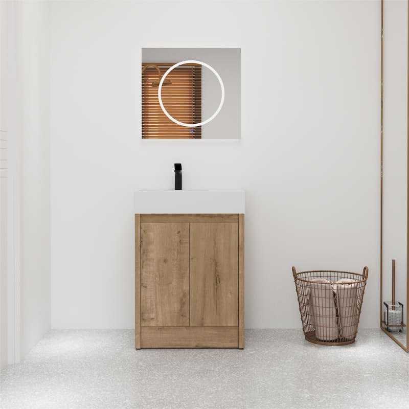 Bathroom Vanity With Sink In 24/30 Inch, Freestanding Bathroom Vanity With Soft Close Door And Adjustable Shelves - 23.6"W x 18.1"D x 35"H - Imitative Oak with left basin