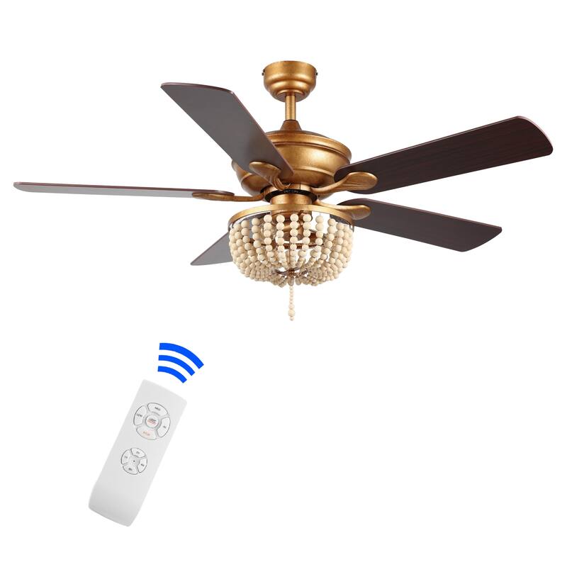 Quinn 52" 3-Light Rustic Farmhouse Iron/Wood Bead Mobile-App/Remote-Controlled LED Ceiling Fan, by JONATHAN Y