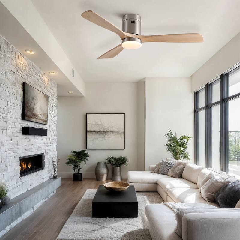 52 inch Mordern Cozy Natural Style Solid Wood Low Profile Flush Mount Intergrated LED Ceiling Fan with Light - Brushed Nickel