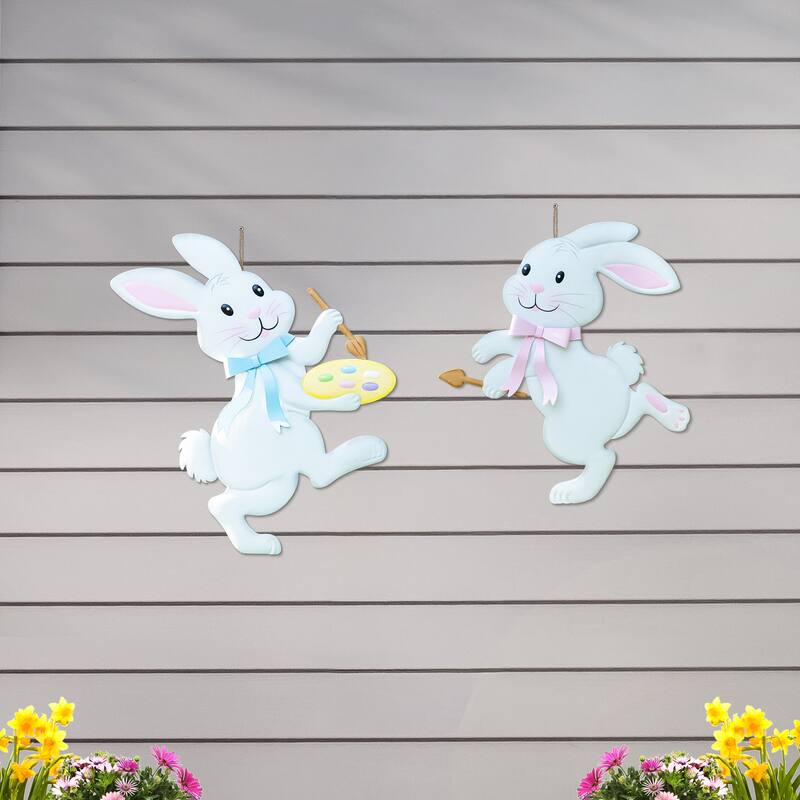 Glitzhome Easter Metal Bunny Yard Stake Wall Decors Standing Sign