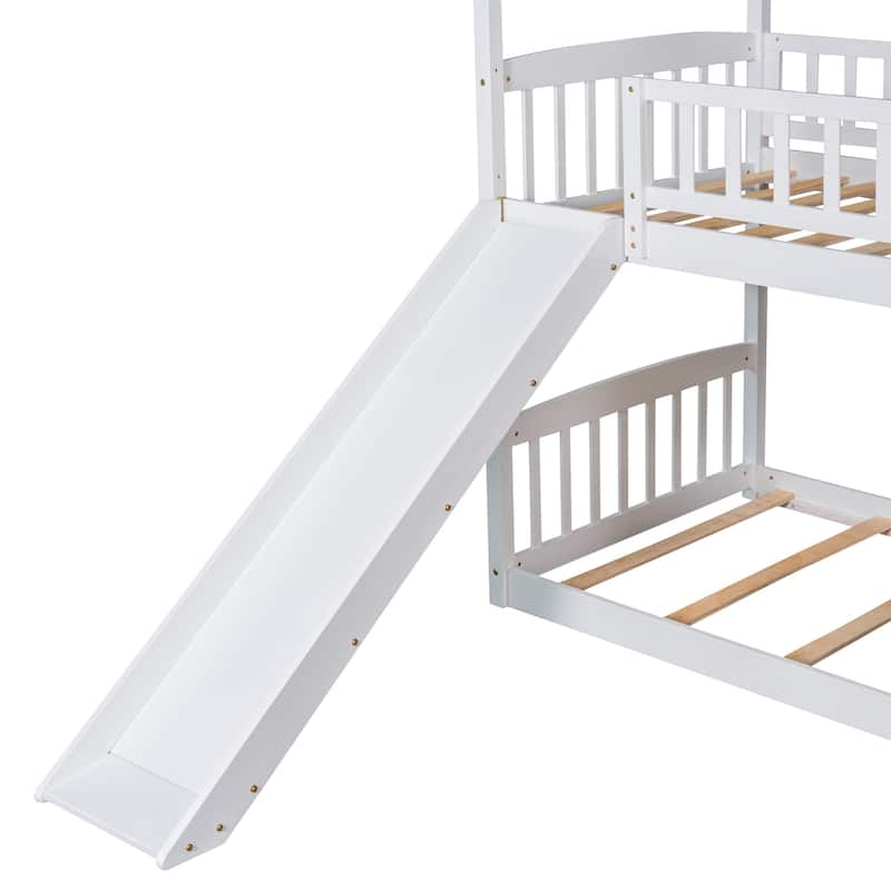 House-Shaped Twin Over Twin Bunk Bed with Slide, House Bed with Safety Guardrail & Roof Frame Wood Slat Support Easy Assembly