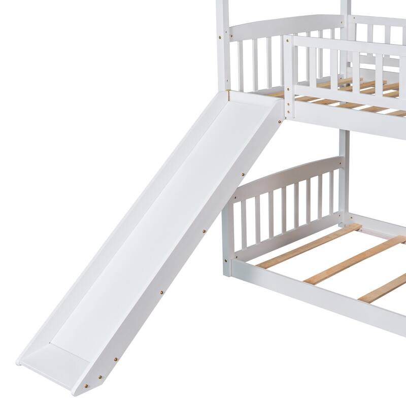Twin Over Twin Bunk Bed with Slide, House Bed, White