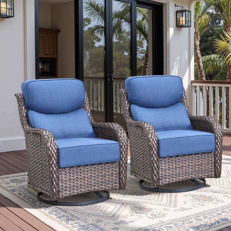 Arcadia Wicker Patio Swivel Glider Chairs with 6-Inch Cushions (2-Pack) - Brown Wicker - Navy Blue Cushions