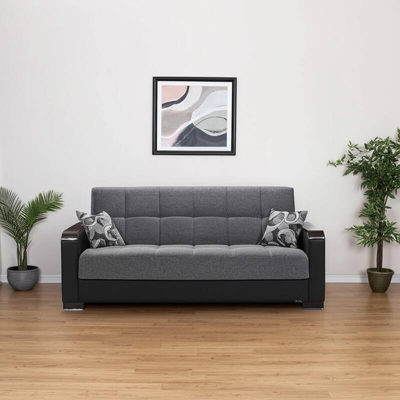 HomeRoots 87" Gray And Black Microfiber Convertible Futon Sleeper Sofa And Toss Pillows With Storage - Black/Gray