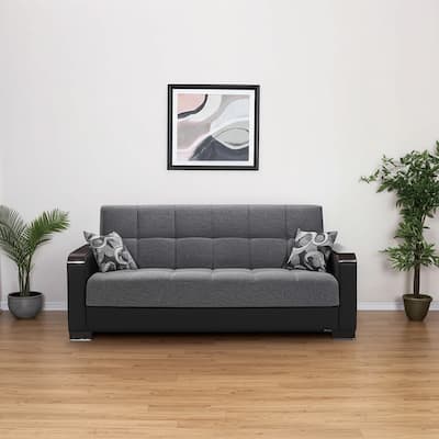 HomeRoots 87" Gray And Black Microfiber Convertible Futon Sleeper Sofa And Toss Pillows With Storage