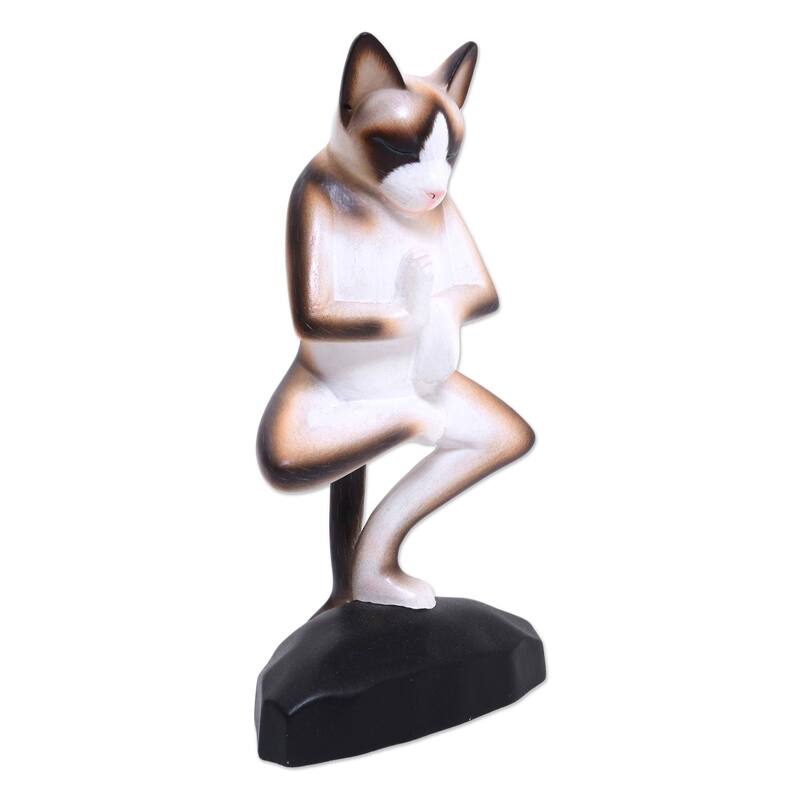 Handmade Wood Sculpture, 'Vrkasana Yoga Cat' (Indonesia) - 11.5" H x 6" W x 3.2" D