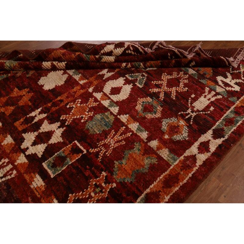 Red Tribal Geometric Moroccan Area Rug Hand-knotted Wool Carpet - 6'8" x 9'6"