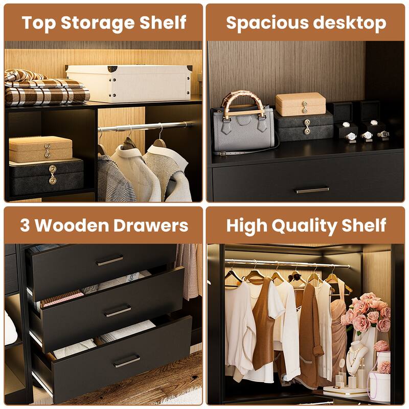 Rackcog Set of 5 Large Closet System with Drawers, Coner Closet Organizers with Hanging Rods and Shelves