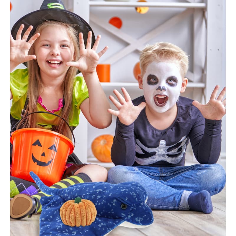 DolliBu Spotted Blue Ray Stuffed Animal with Pumpkin Plush Decor - 17 inches