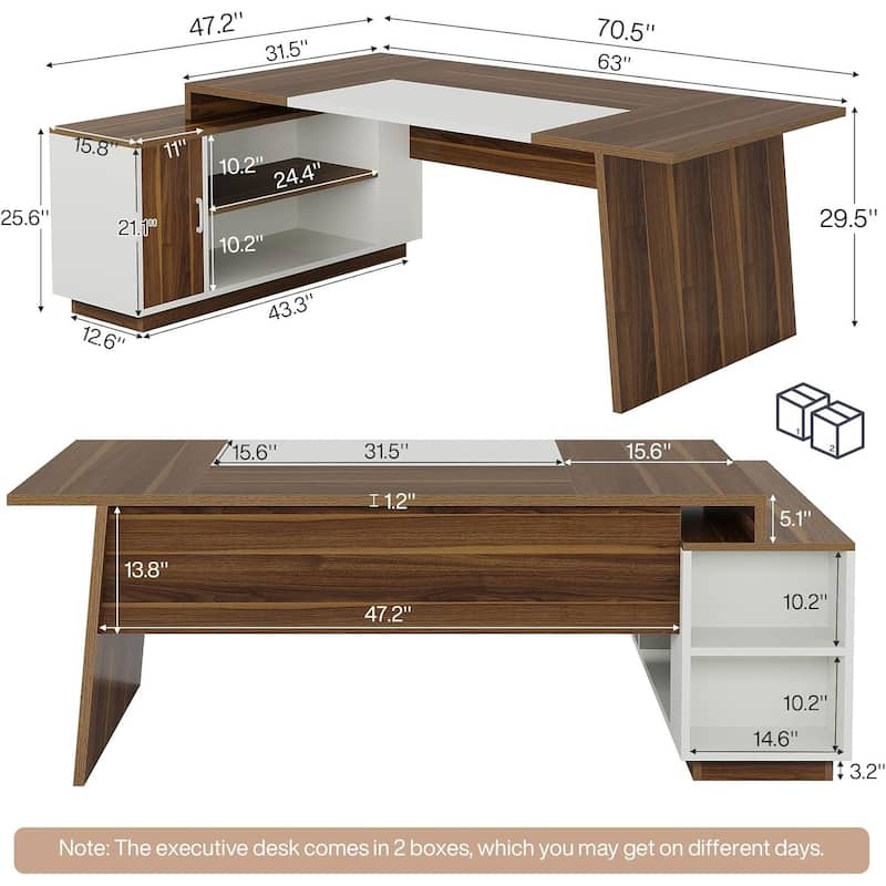 70.5" L-Shaped Executive Office Desk with Storage Cabinet & Shelves, Walnut & White