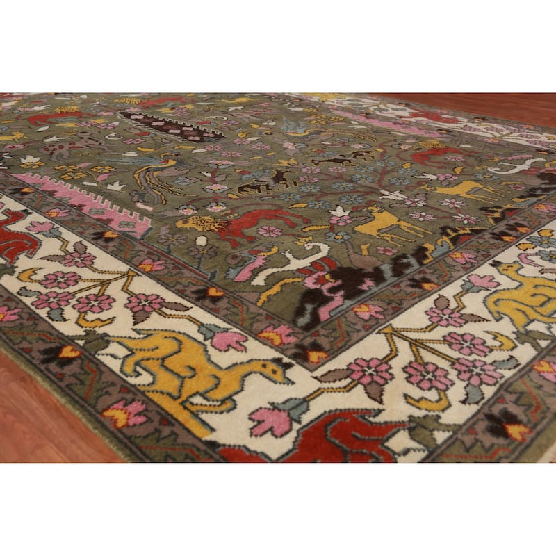 Hunting Animals Green Ziegler Indian Area Rug Handmade Wool Carpet - 9'1"x 11'11" - 9'1"x 11'11" - Green