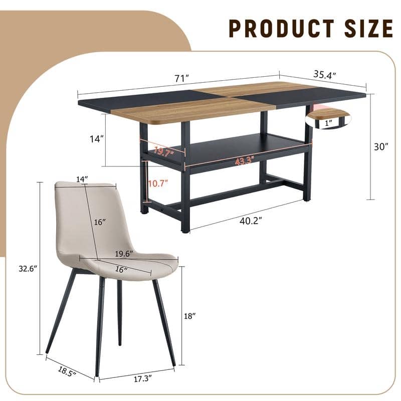 Modern 7-Piece Wood & Black Dining Table Set with Storage and 6 PU Leather Chairs